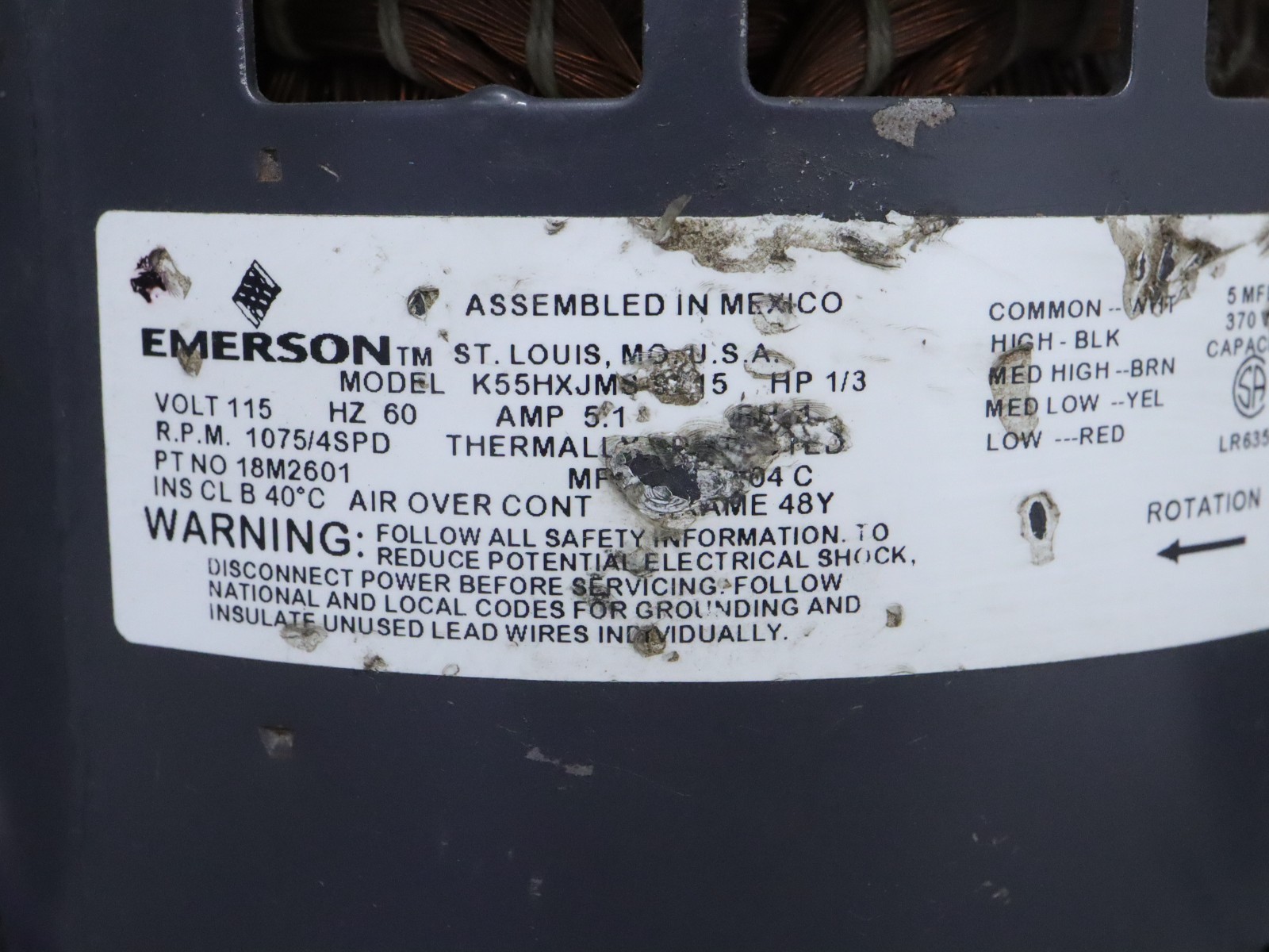 EMERSON K55HXJMS-9215 Blower Motor 1/3HP 1075RPM 4SPD 115V 1PH 60Hz 18M2601