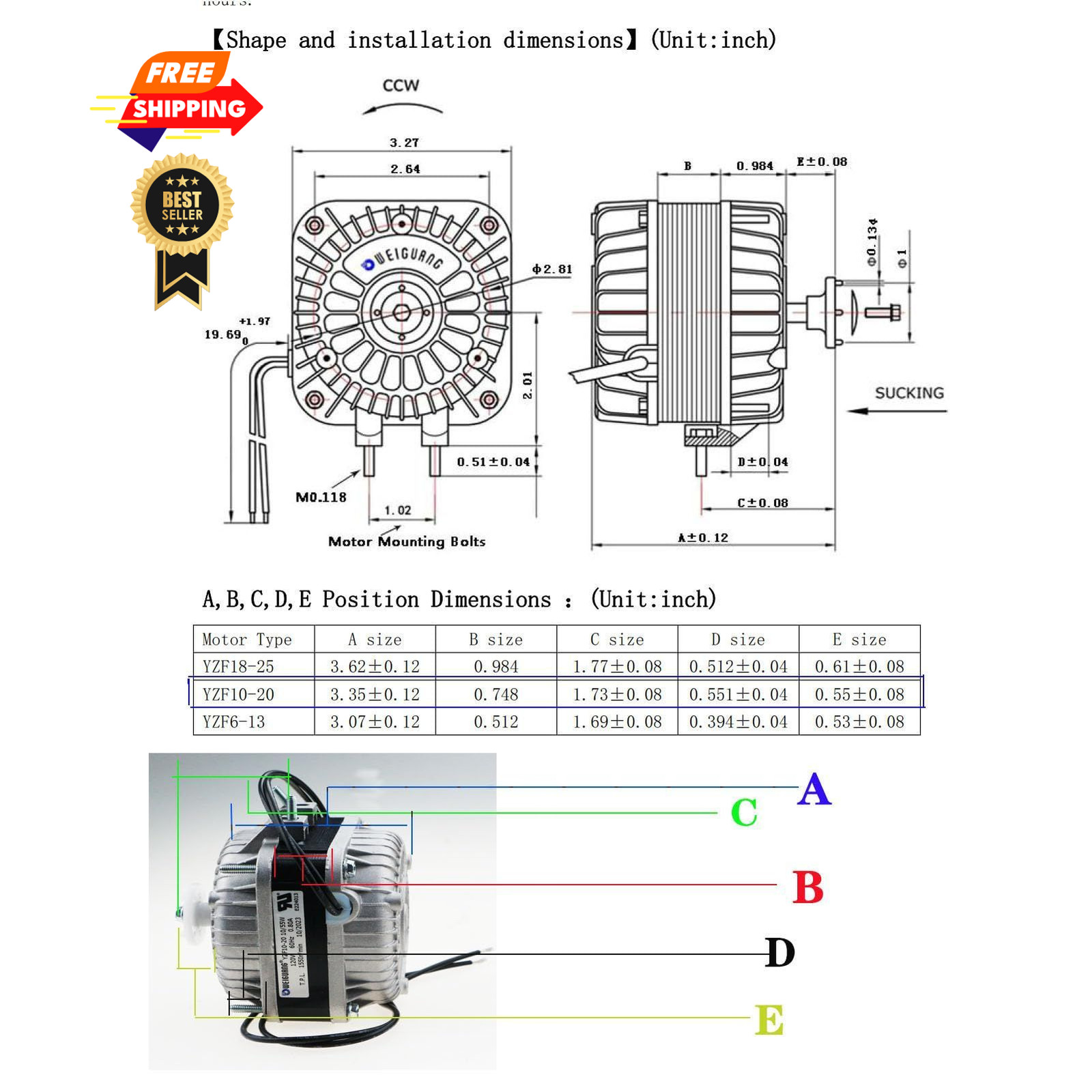 Condenser Fan AC Motor YZF10-20,Input Power 55W Output 10W Shaded Pole…