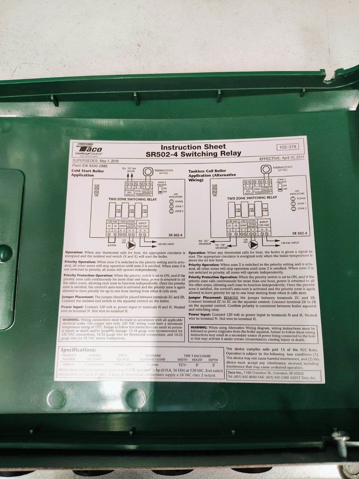 Taco SR502-4 Switching Relay 2-Zone 120VAC 15A