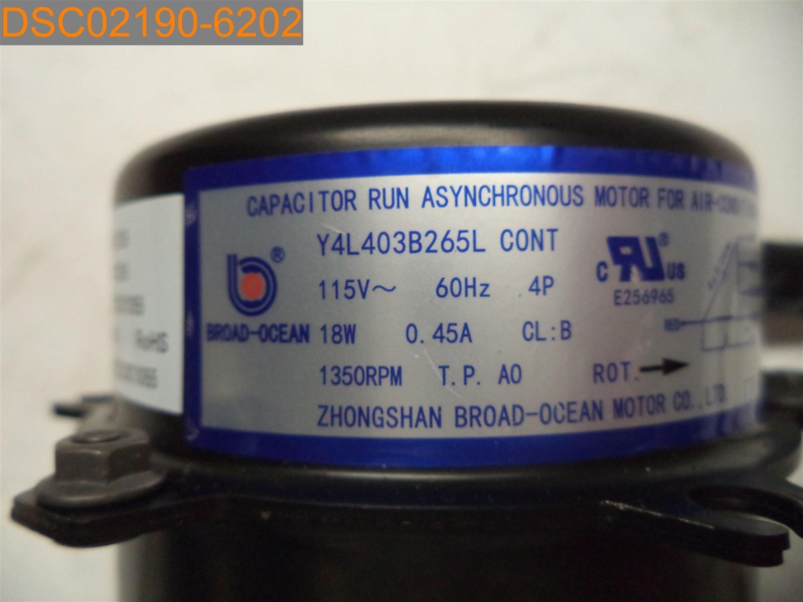 Broad Ocean A/C Fan Motor Y4L403B265L 115V 60Hz 18W .45A 1350 RPM, 810901265