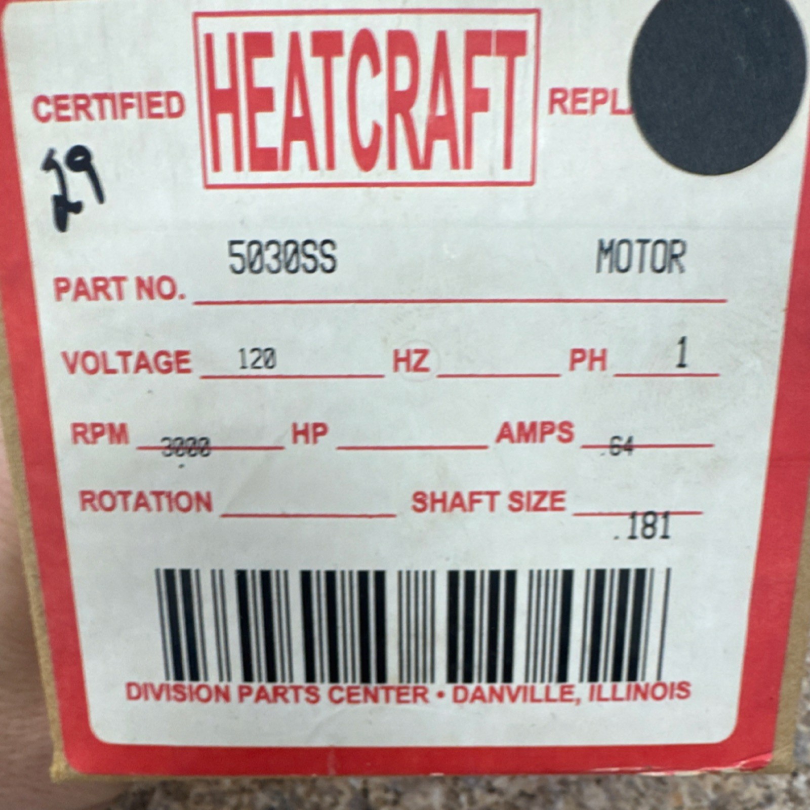 Heatcraft 5030SS Motor 120V 0.64A 1PH HVAC Replacement