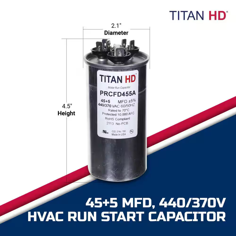 TITAN HD PRCFD455A 45 Plus 5 MFD 440-370V Round Run Capacitor