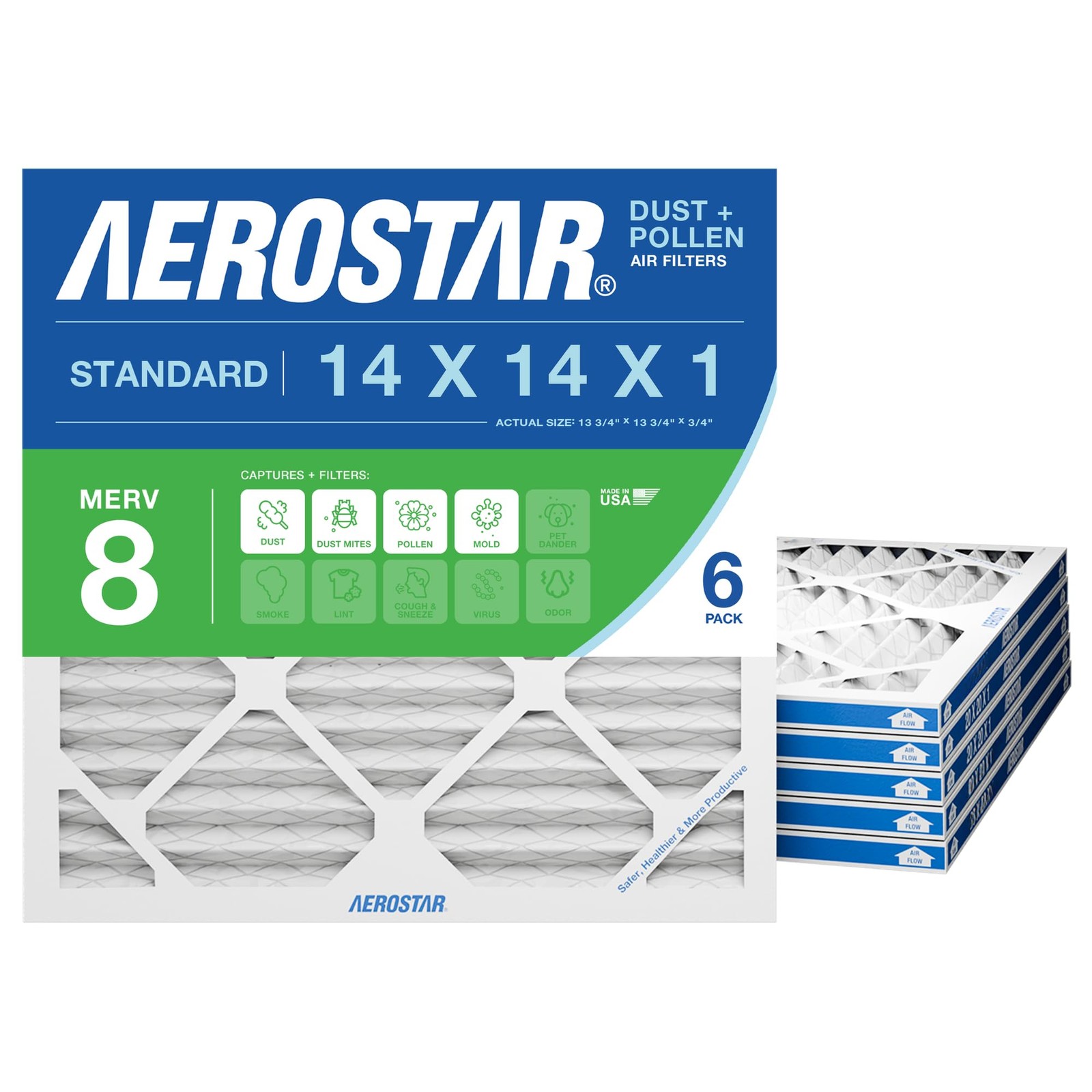 Aerostar 14x14x1 MERV 8 Air Filter, 6 Count, ACTUAL SIZE (13.75 6 PACK, White