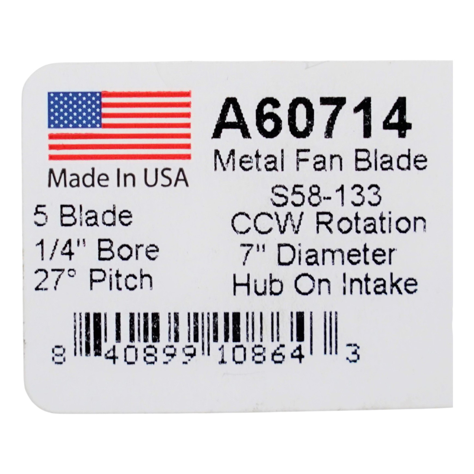 A60714 Metal Fan Blade 7″ Diameter 5 Blades 1/4″ Bore Hub CCW 27 Degree Prop