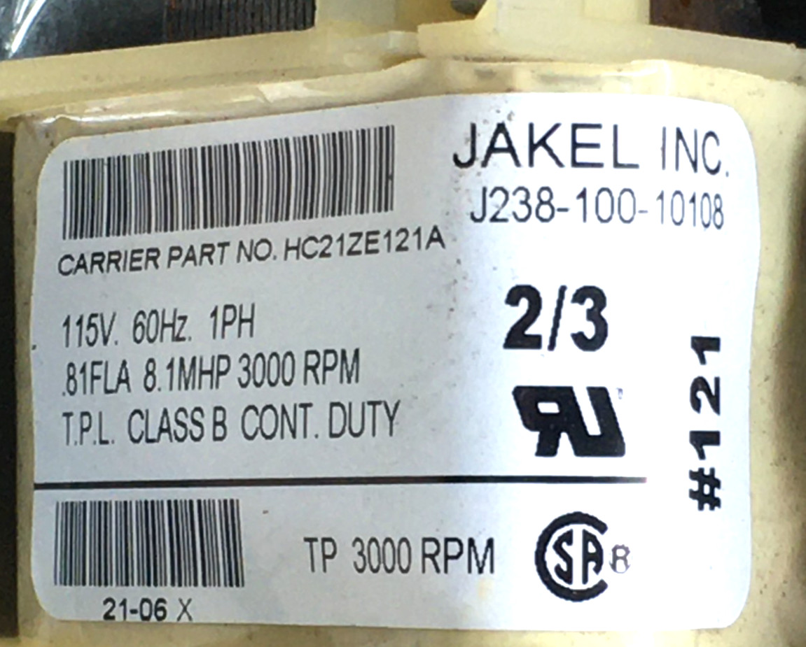 JAKEL J238-100-10108 Draft Inducer Blower Motor 115V HC21ZE121A used #MD137A