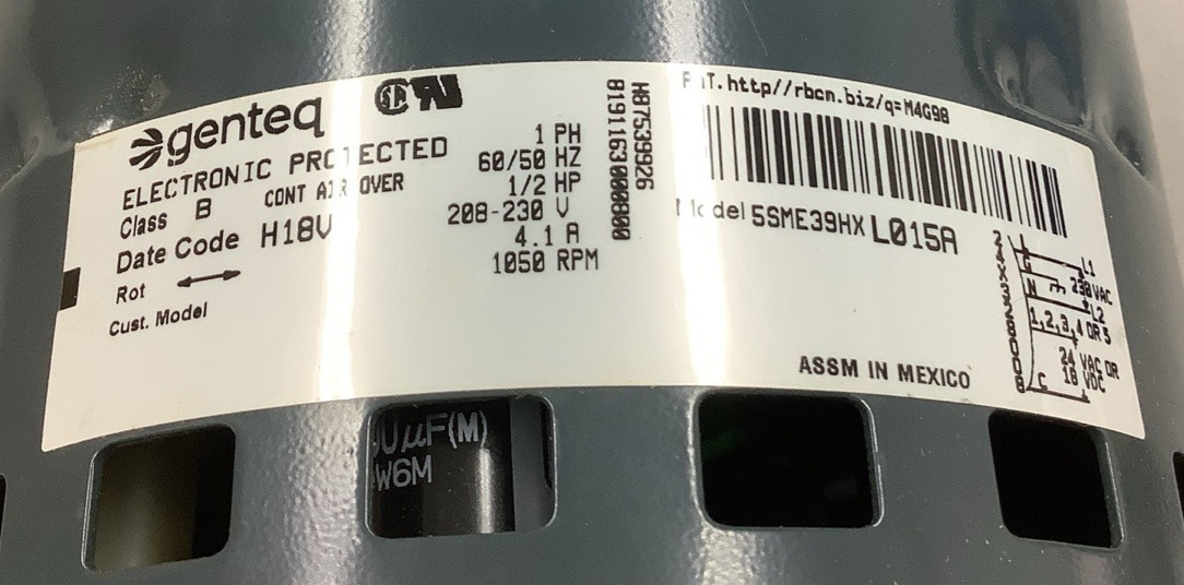 Genteq Endura 5SME39HXL015A Furnace Blower Motor 1/2HP 1050RPM 208-230VAC(R106)
