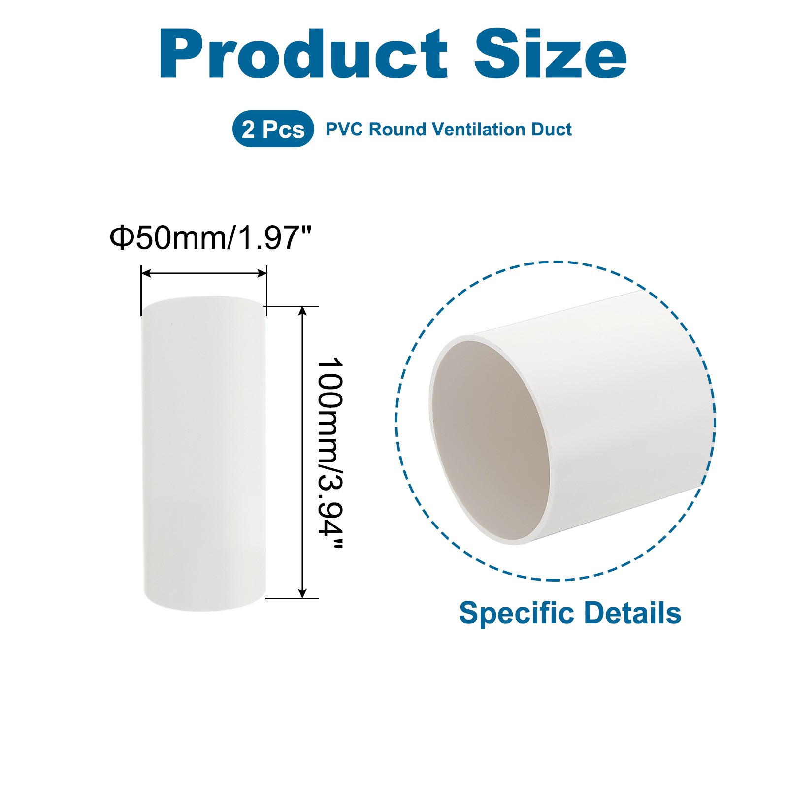 50mm/2″ Round Ventilation Duct, 2Pcs 4″ Long Rigid Ducting Pipe Connector