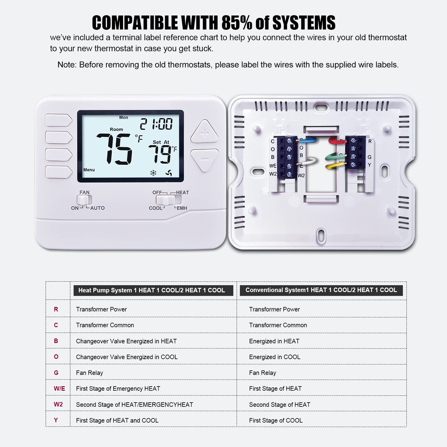 Heagstat H721 Non-Programmable Heat Pump Thermostat, 2 Heat/1 Cool, White