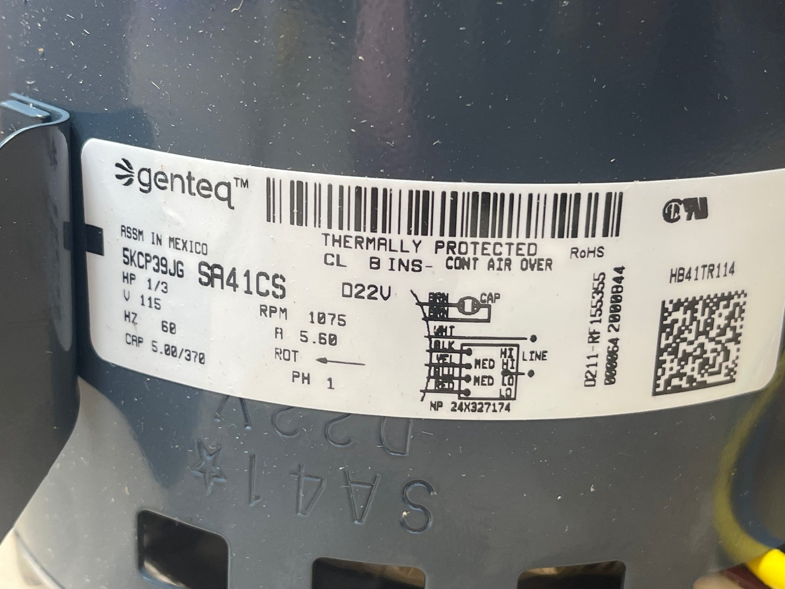 Carrier Bryant Payne HB41TR114 HP:1/3 V:115 HZ:60 Cap:5.00/370 RPM:1075