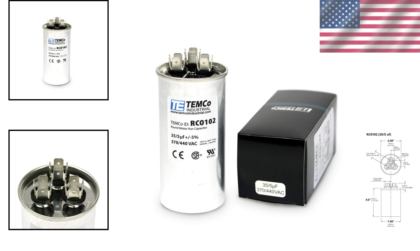 Durable TEMCo 35+5 uF Round Capacitor, 440 V, PCB-Free for Air Conditioners