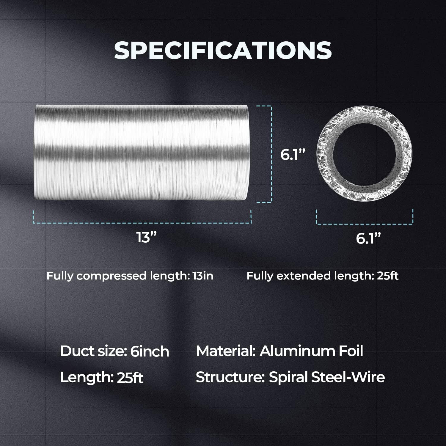 4” 6″ 8”/10″/ 14″ Flexible Aluminum Air Ducting Dryer Vent Hose HVAC w/ Clamps