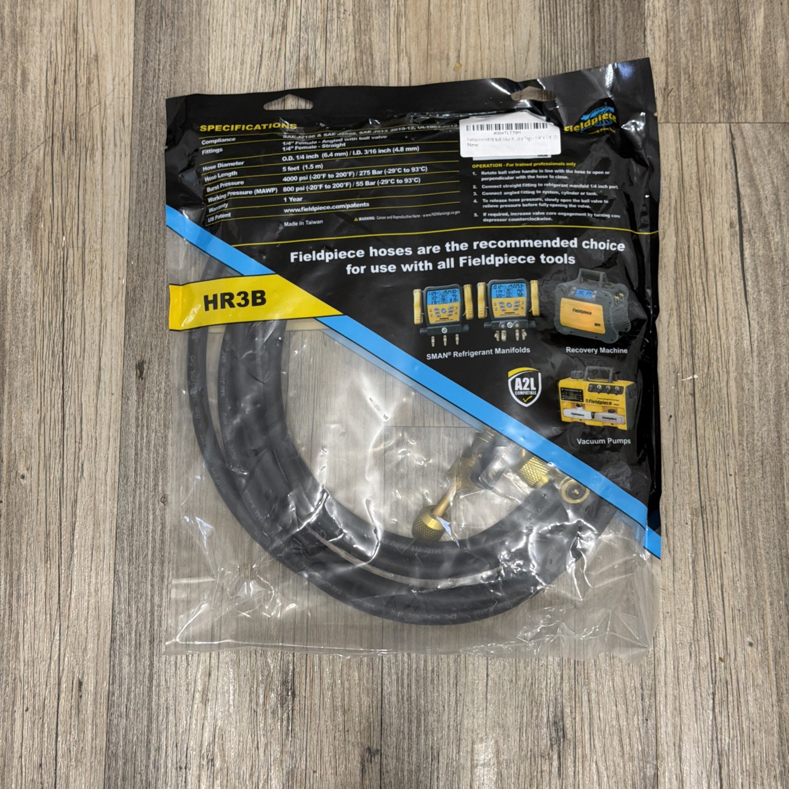 Fieldpiece HR3B HVAC Ball Valve Hose Set (3) 1/4 x 1/4 Refrigerant Charging Hose