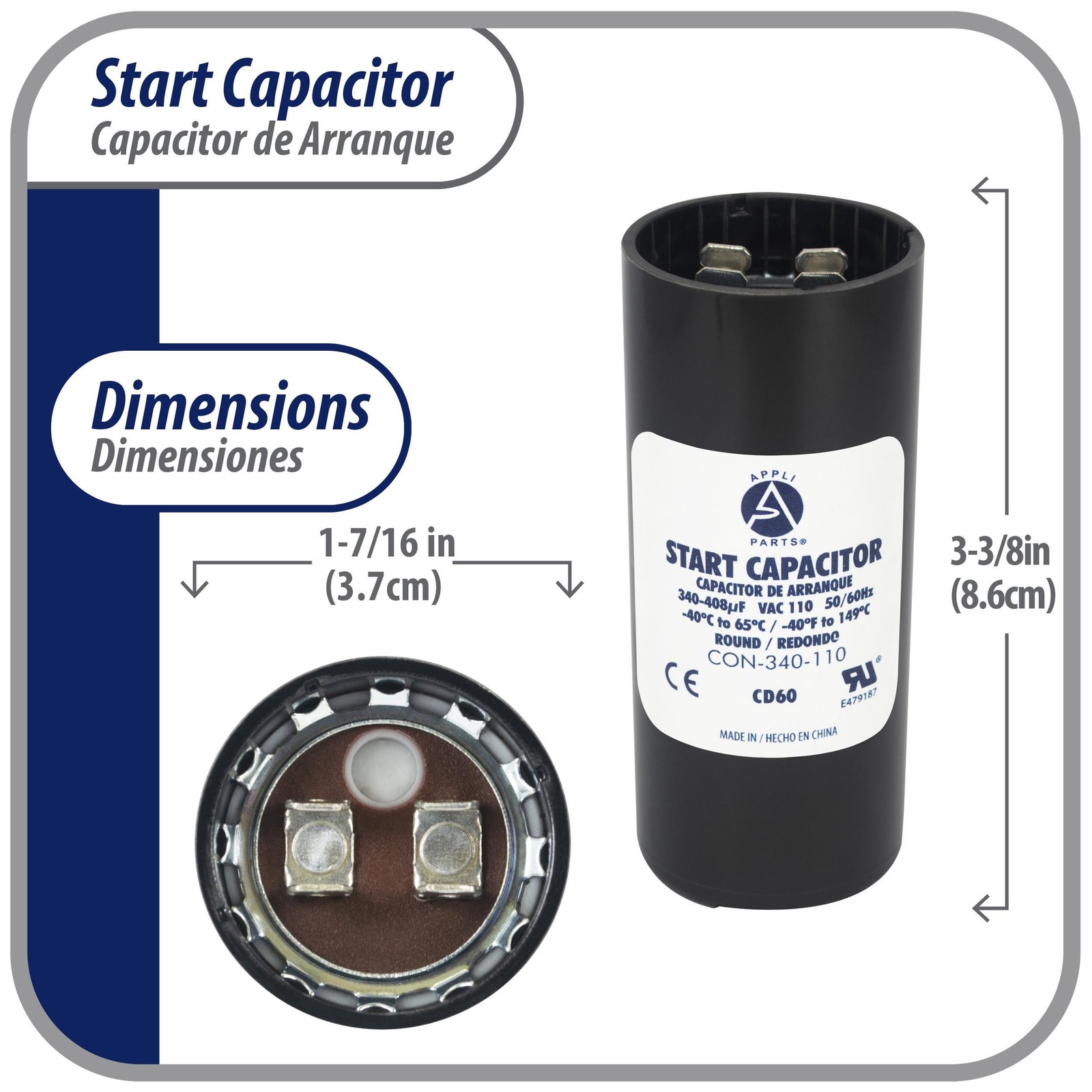 Appli Parts motor start capacitor 340-408 Mfd (microfarads) uF 110-125 VAC unive