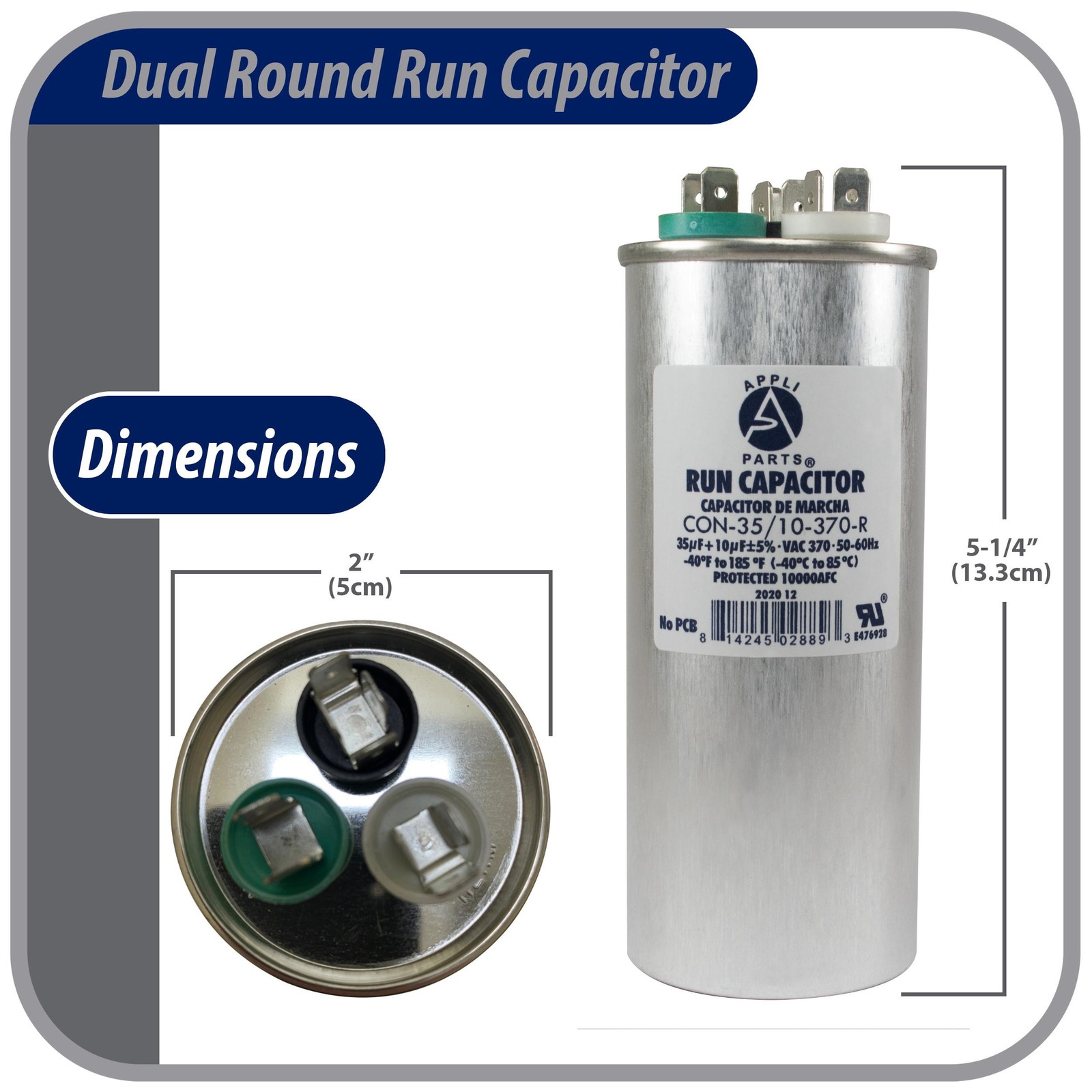 Appli Parts Dual Run Capacitor for ac 35+10 Mfd uF (microfarads) 370VAC CBB65 Ro