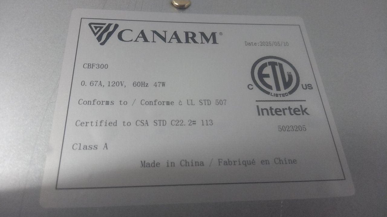 Canarm CBF300 115VAC 320 Max CFM Exhaust Fan