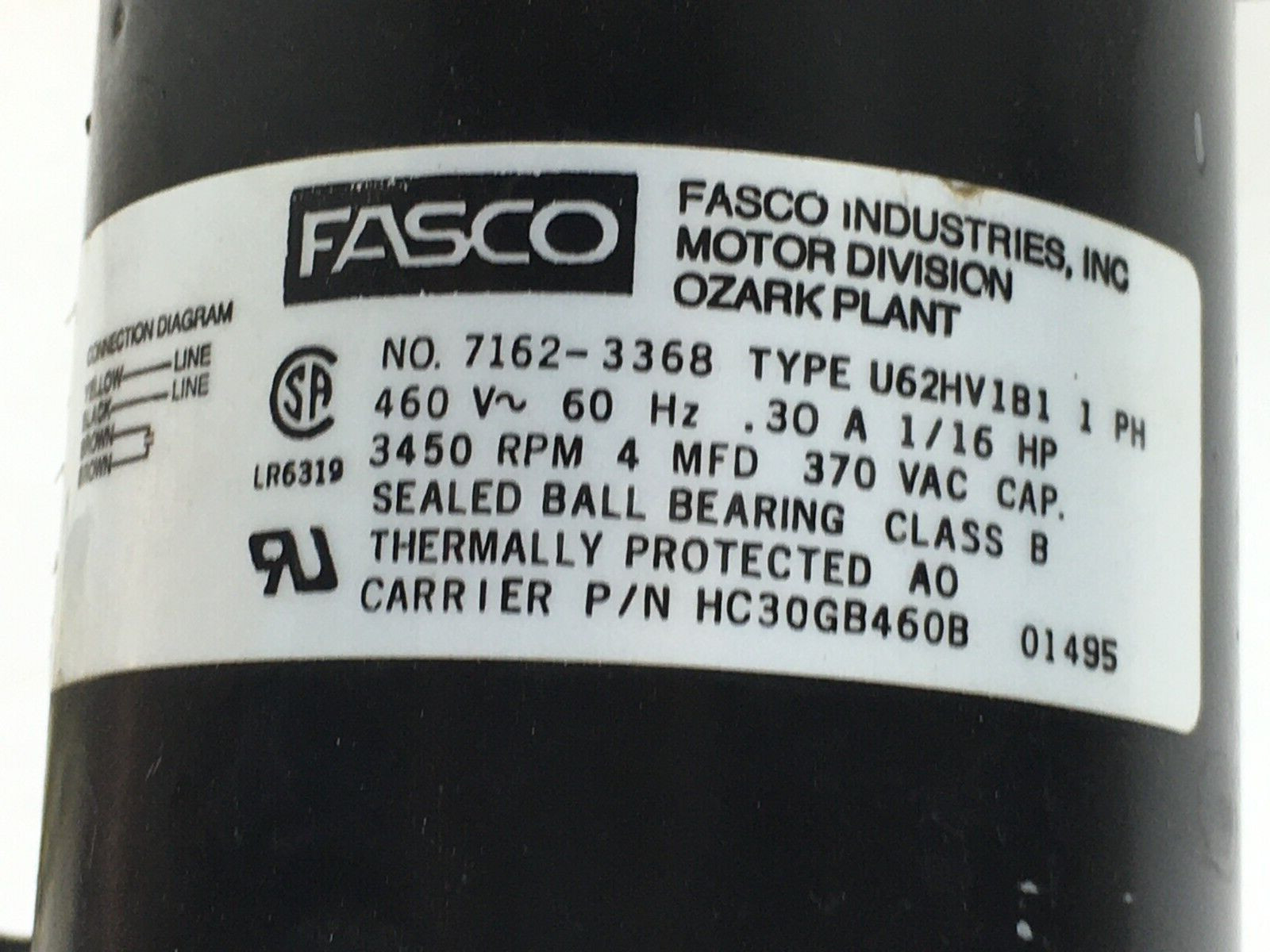 FASCO 7162-3368 Draft Inducer Blower Motor Carrier HC30GB460B 3450RPM used MK656