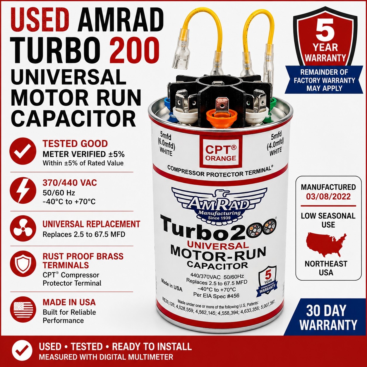 AMRAD Turbo 200 Universal Capacitor Tested Good ±5% 370/440V Motor Run Warranty