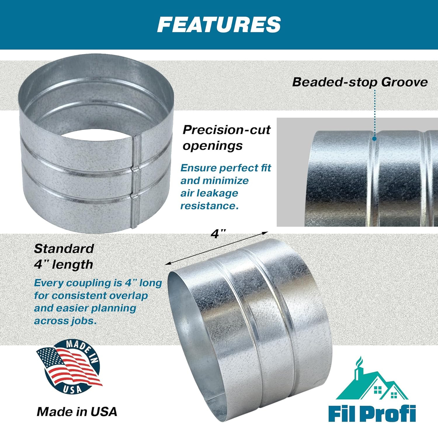 Outside-Fit. 8 Inch Diameter. round Duct Coupling Sleeve, 4″ Long, Galvanized St