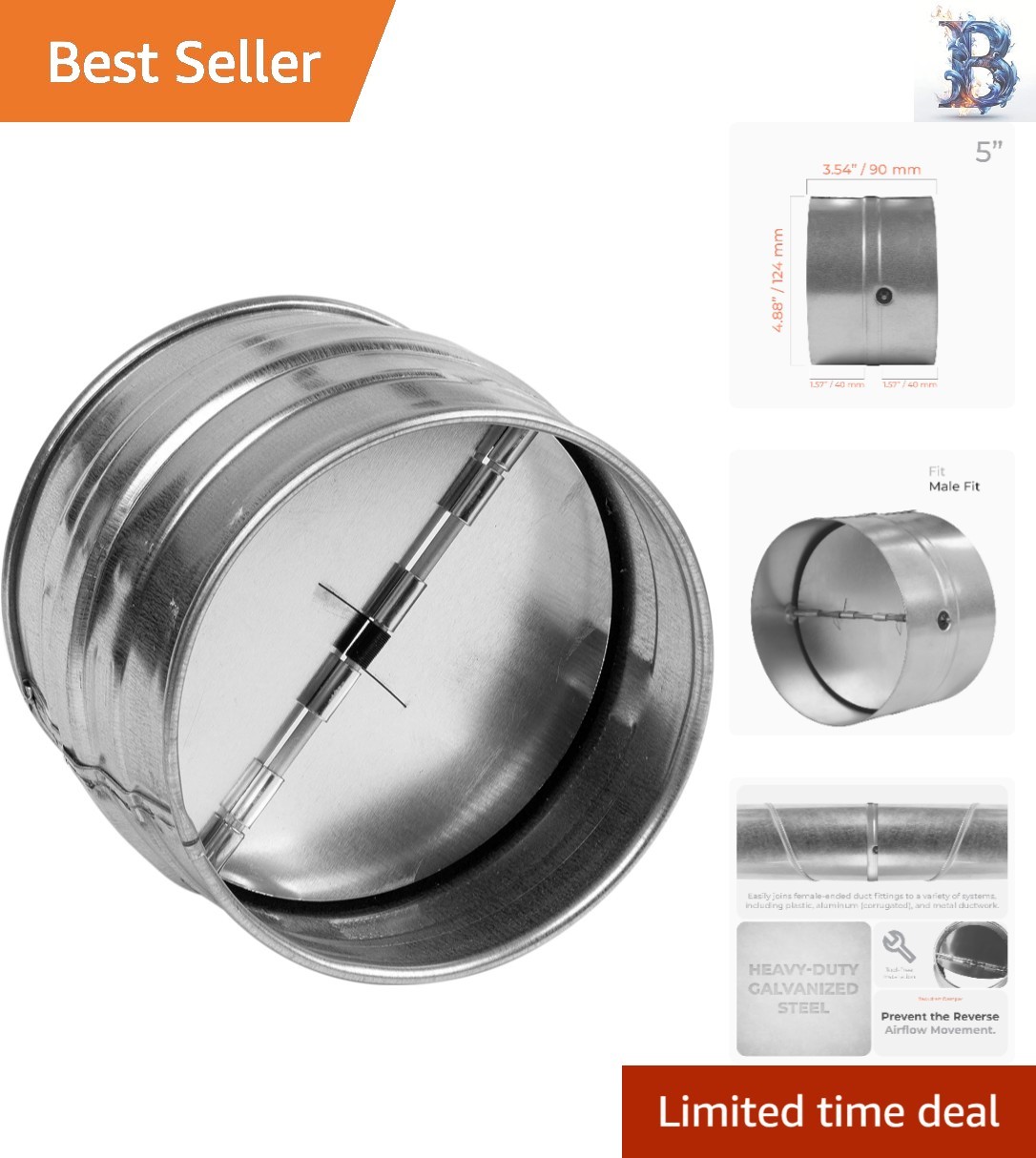 Durable 5 Inch Galvanized Steel Backdraft Damper for HVAC Ventilation Systems