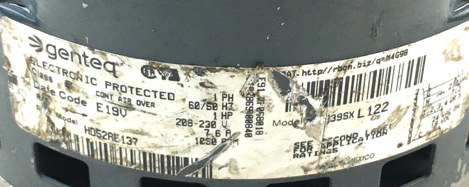 Genteq FM17 5SME39SXL122 Blower Motor HD52AE137 230V 1050RPM 1PH CWLE used #MP82