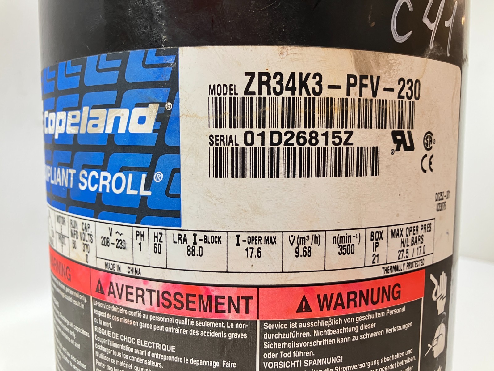 Copeland Scroll A/C Condenser Compressor ZR34K3-PFV-230 R-22 208/230V used C41