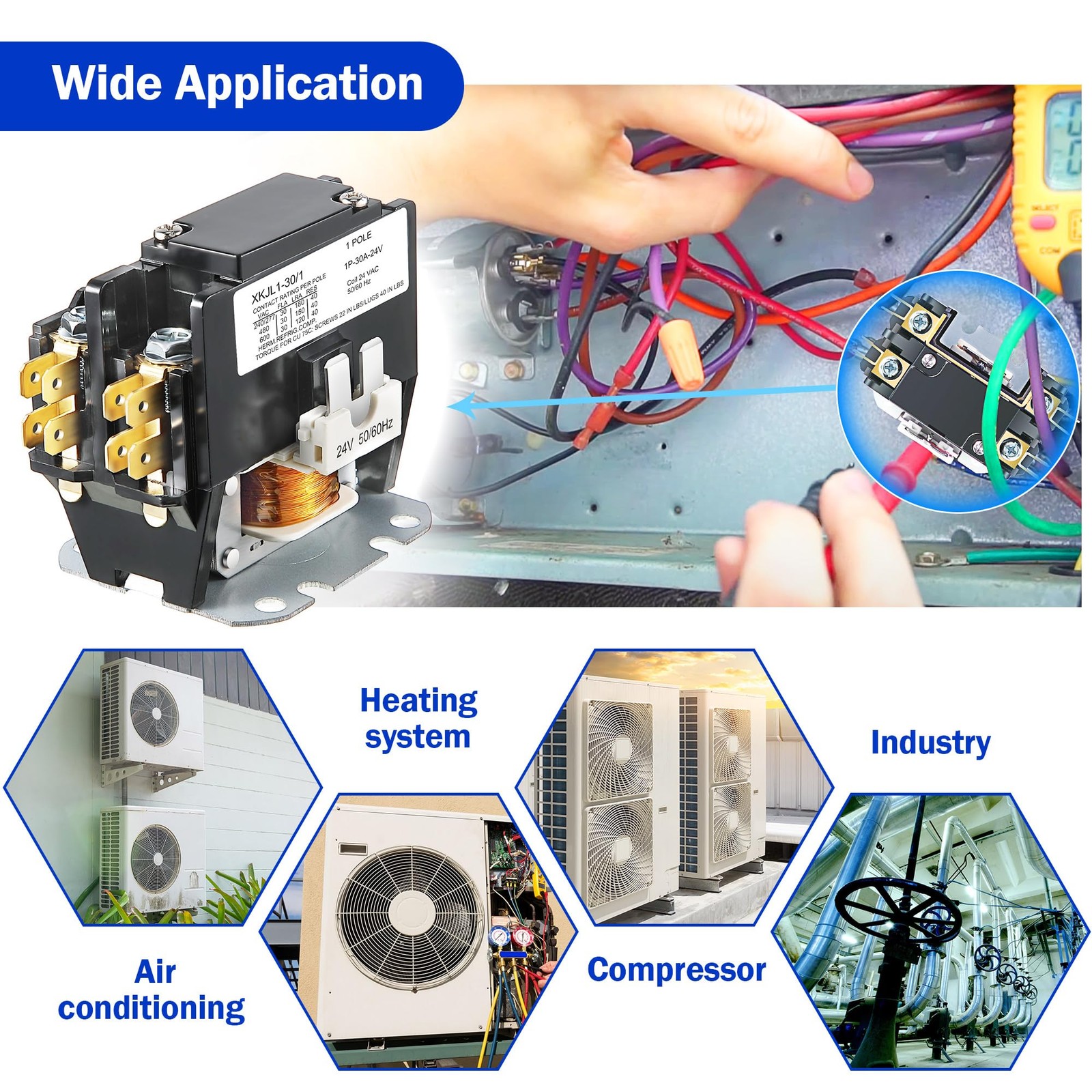 Dreyoo 24V Coil 1 Pole Air Conditioner Contactor, UL Certified 1P 30A