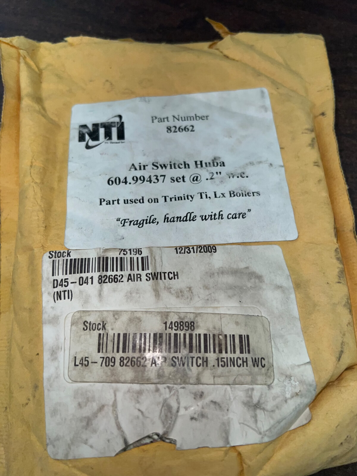 NEW NTI 82662 AIR SWITCH HUBA 604.99437 TRINITY TI , LX BOILERS .15 WC