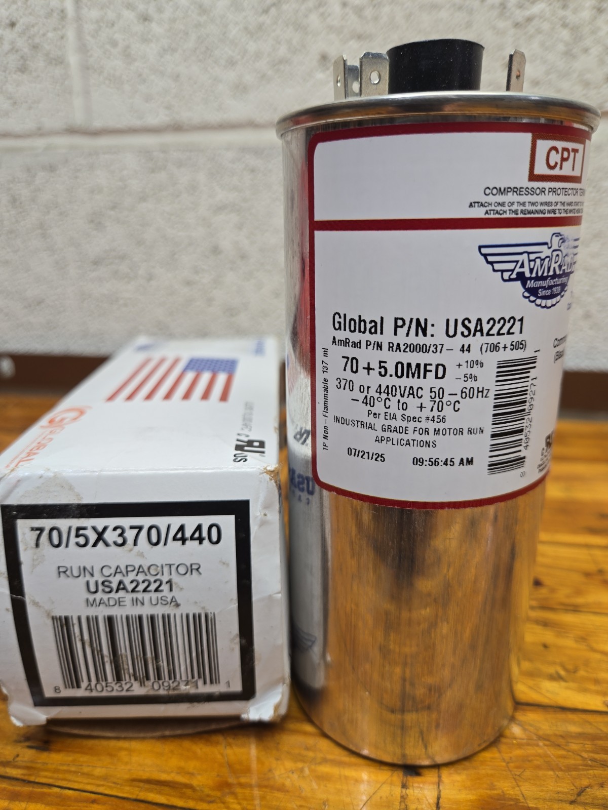 AmRad USA2221 Run Capacitor 70 + 5 uf MFD 370 / 440 Volt Made in USA