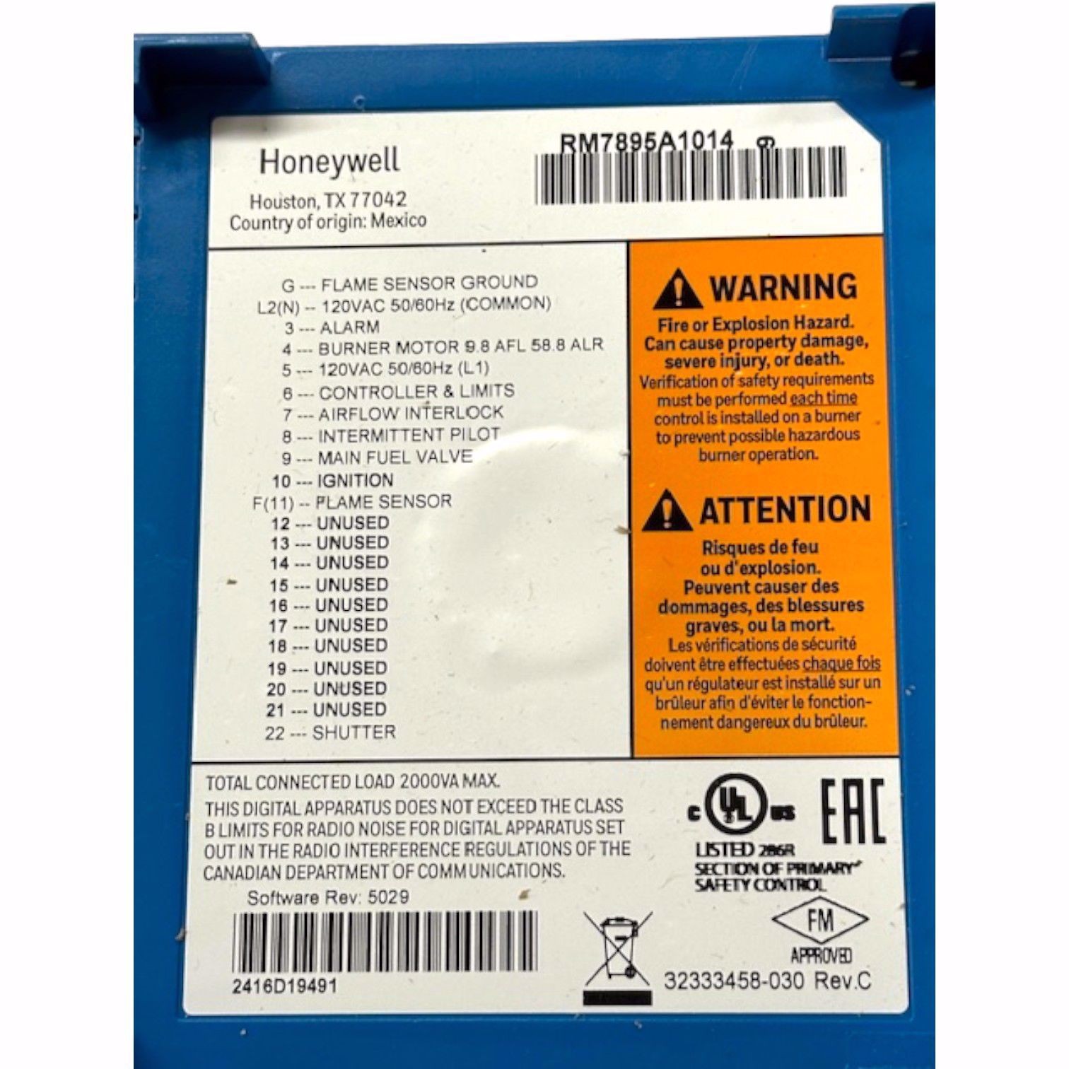 HONEYWELL RM7895A1014 AUTOMATIC PROGRAMMING CONTROL