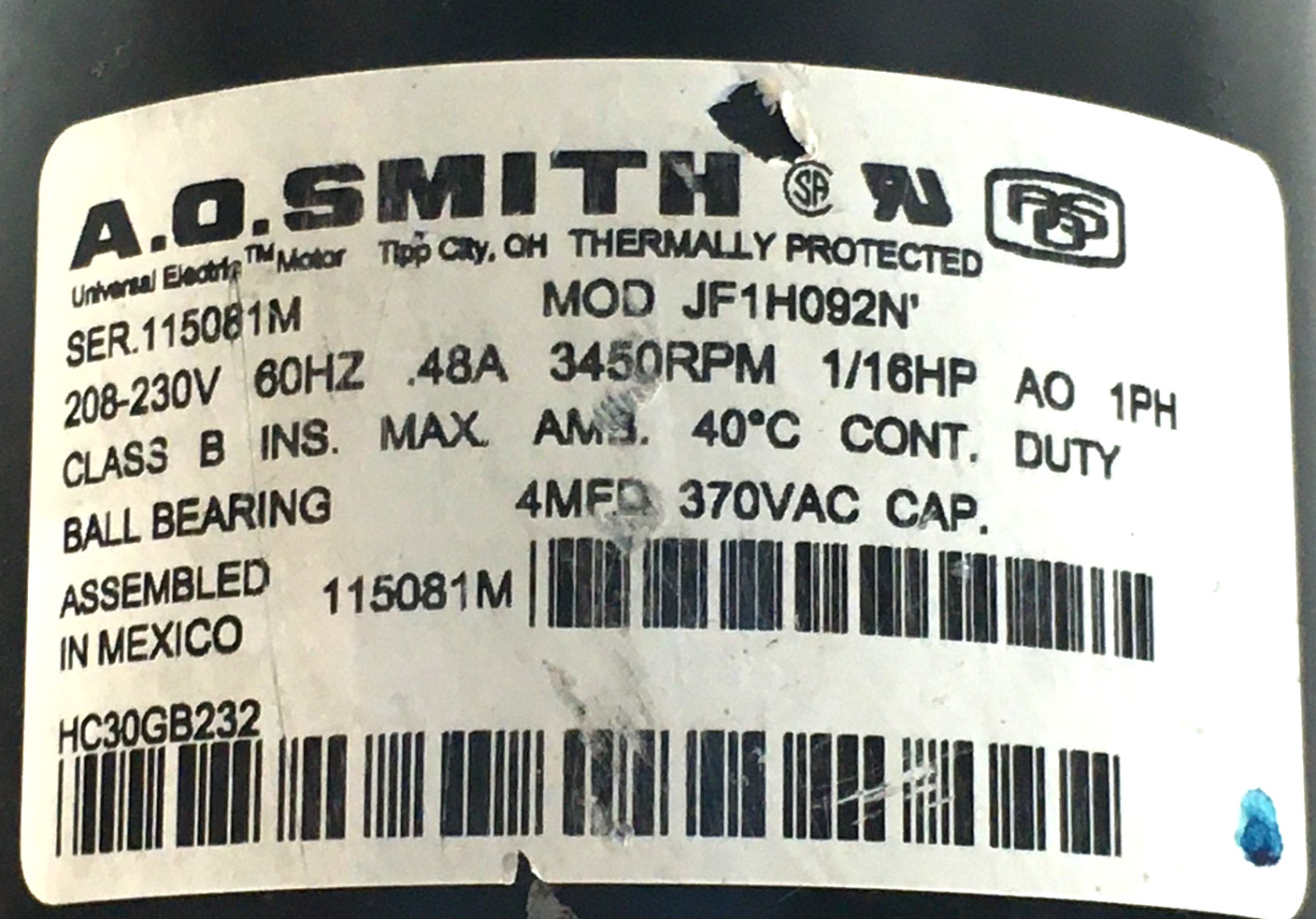 A.O.Smith HC30GB232 Blower Motor Assembly 3450RPM 1/16HP JF1H092N used #MD550