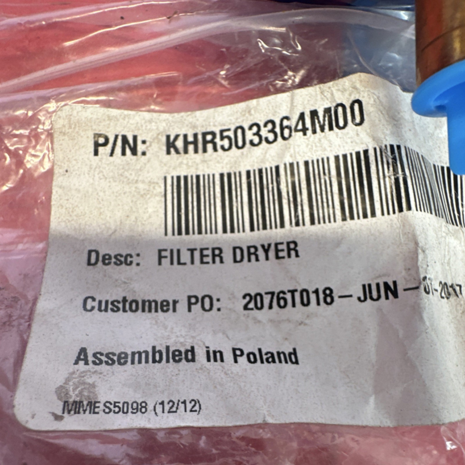 Blue Metal Filter Dryer KHR503364M00 2017 HVAC Assembled in Poland