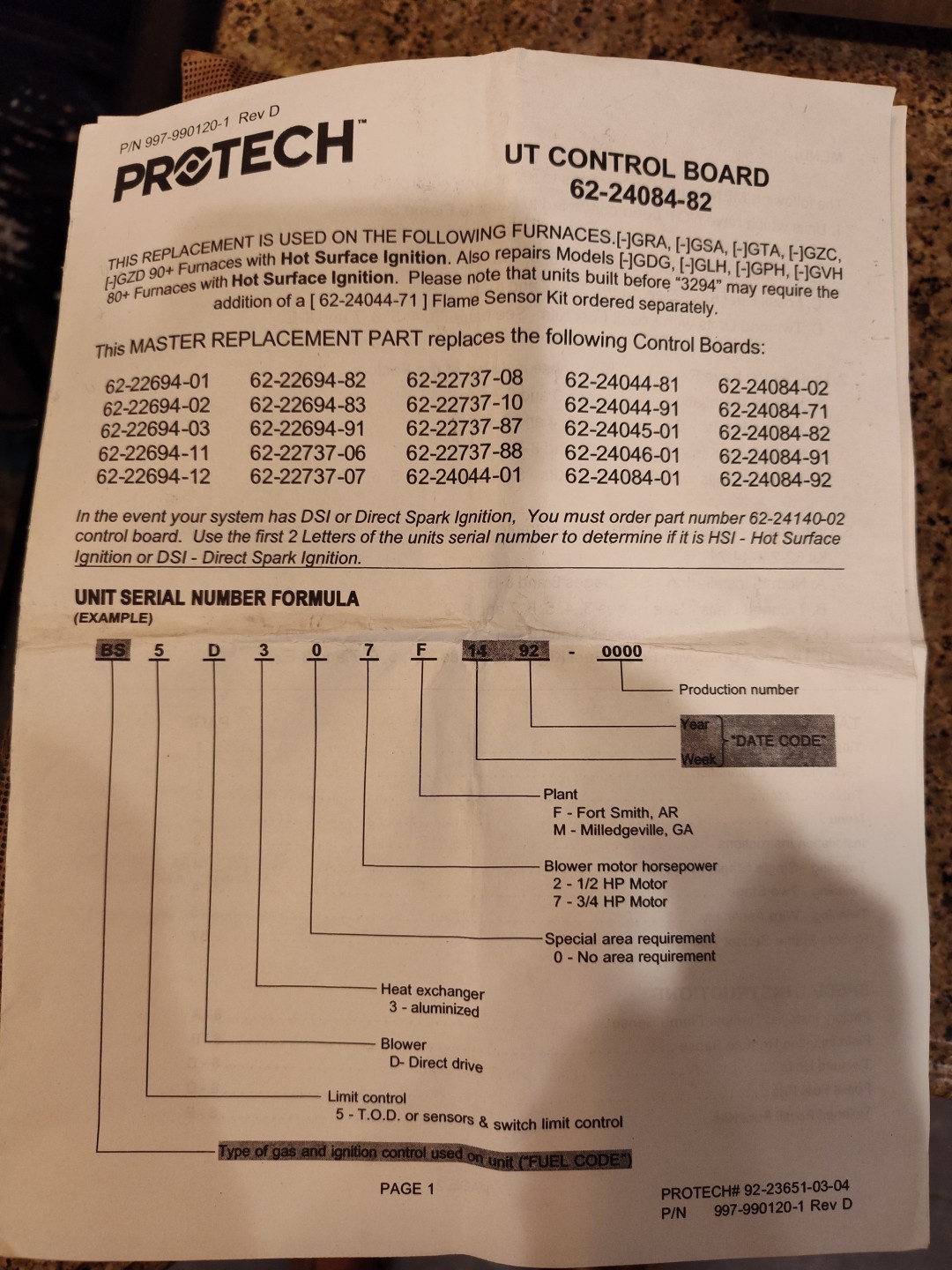 Rheem Ruud Protech Circuit Board 1012-920A