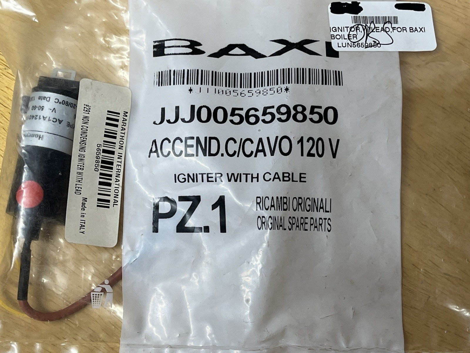 Baxi PZ.1 Boiler Igniter w/ Cable 120V JJJ005659850 AC1A12401V1