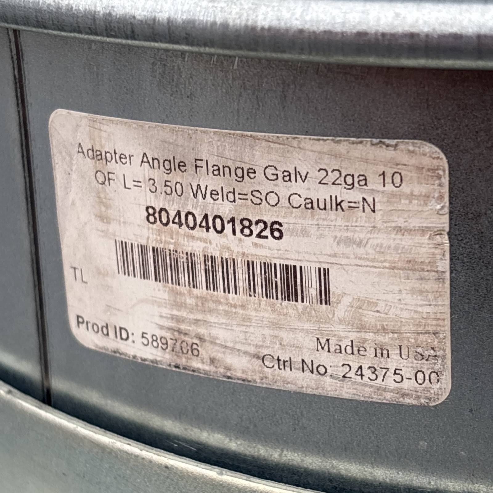 Nordfab 8040401826 Round Angle Flange Adapter 10″ Duct Dia, Galvanized New Other