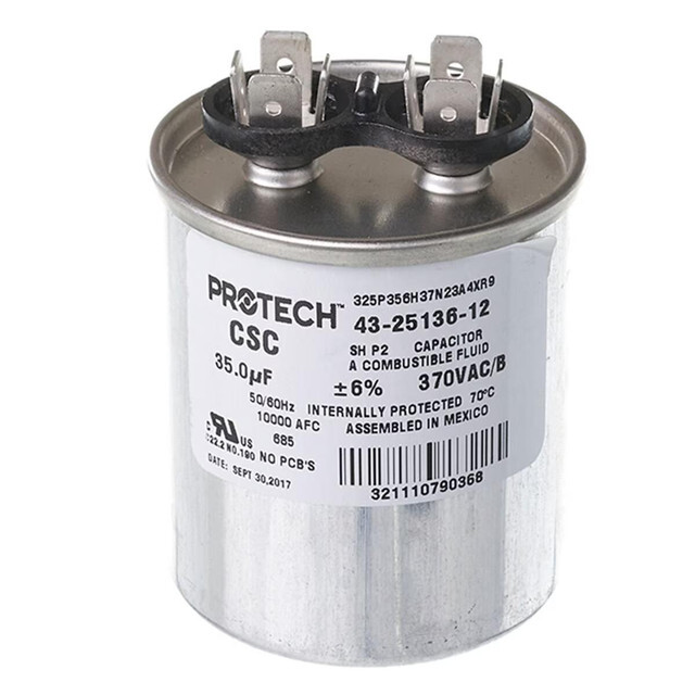 Protech Single Round Capacitor – 35 uF, 370 VAC, 2.120 x 3.940 (max.) in. –