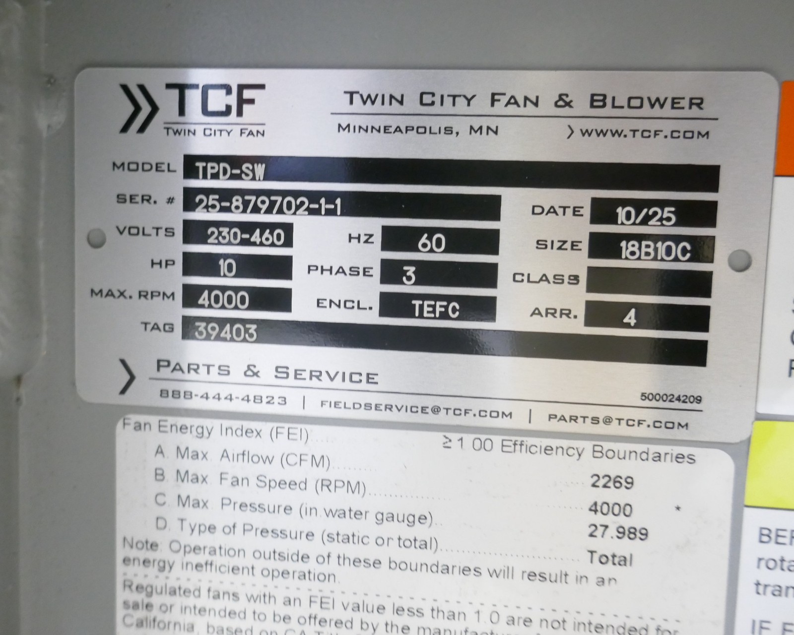 Twin City Fan TPD-SW Cast Aluminum Pressure Blower, Direct Drive 10hp 3ph