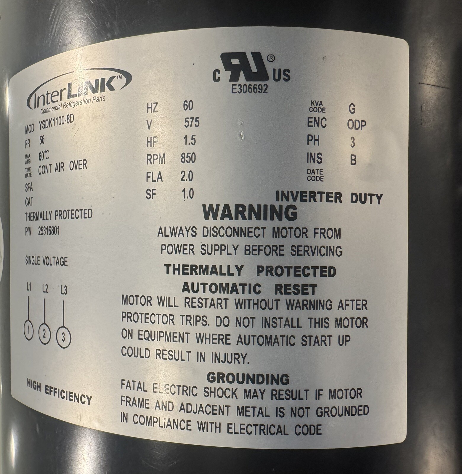 Interlink YSDK1100-8D Refrigeration Motor 1.5 HP 850 RPM Heatcraft 25316801 NEW!