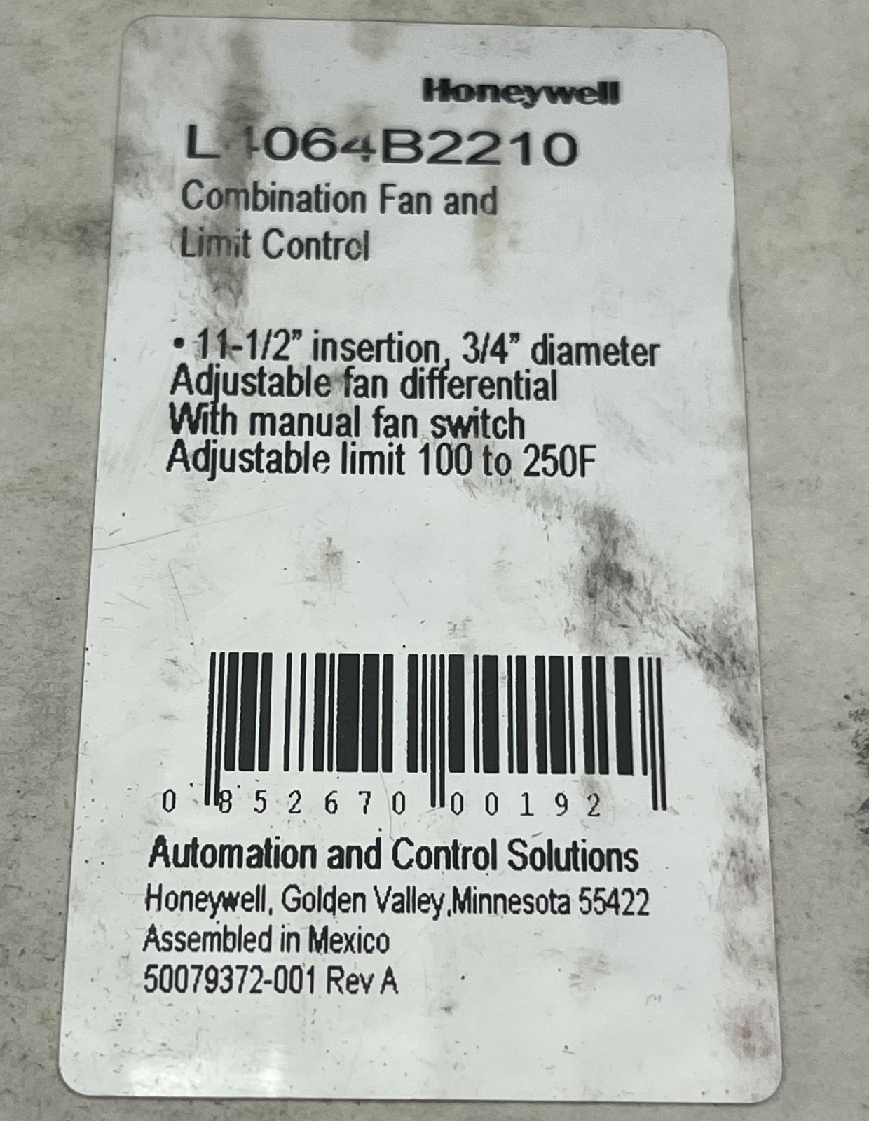 Honeywell L4064B2210 11.5″ insertion 3/4 in diameter Fan & Limit Control Switch