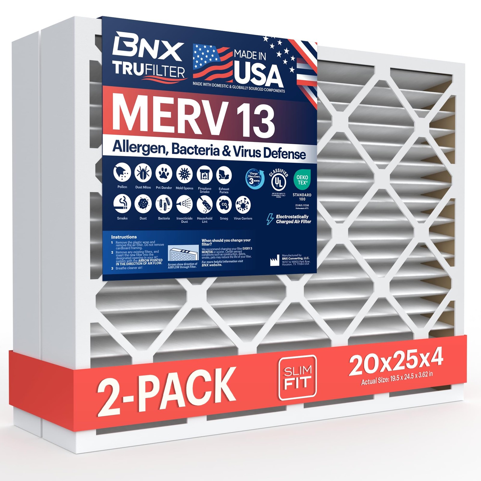 BNX TruFilter 20x25x4 (19.5’’ x 24.5’’ x 3.63‘’ 2-Pack (Slim Fit)