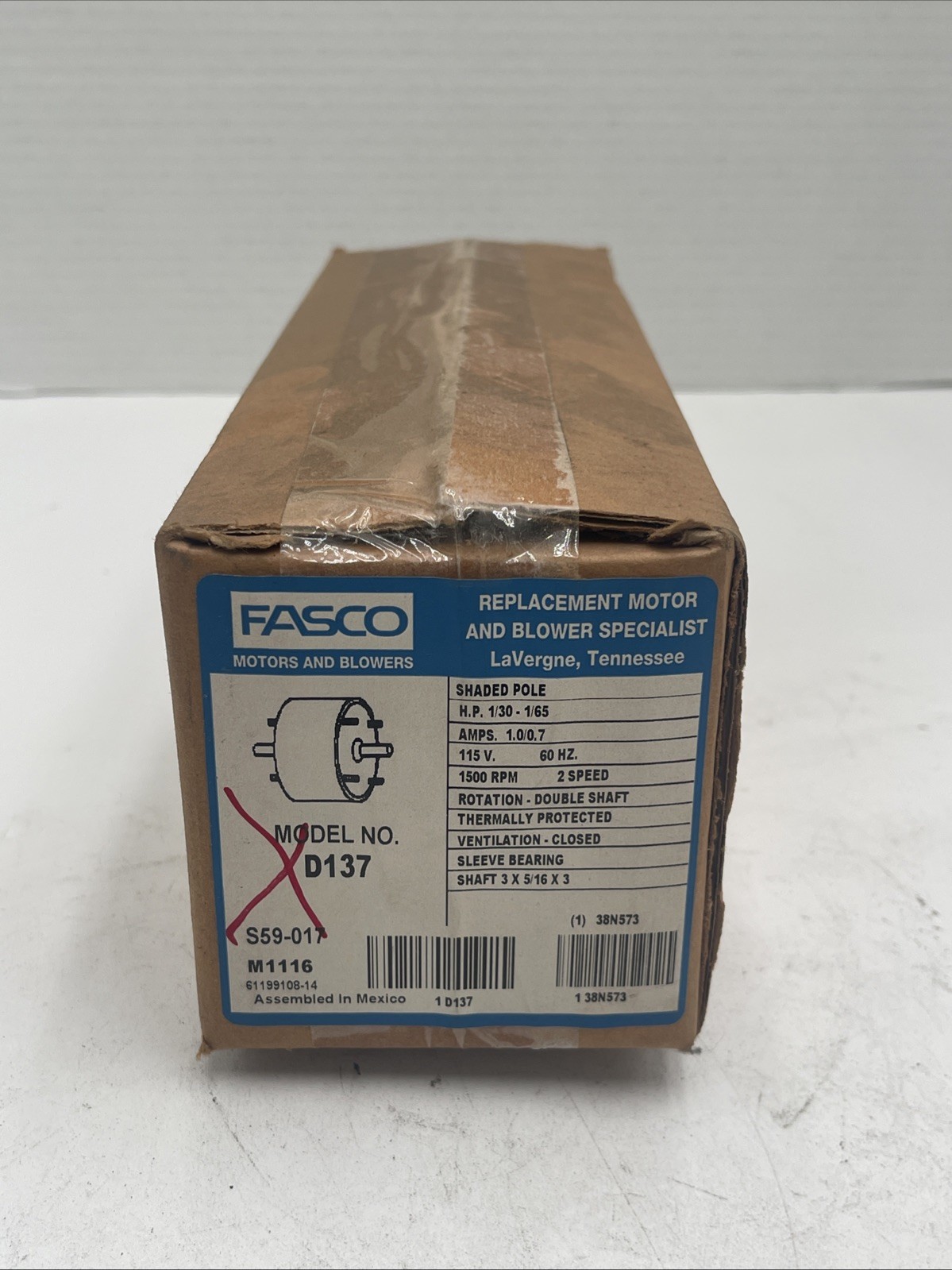 D137 Fasco 1/30HP 1550RPM 115 1 60 TEAO DS 2SPD SB FASCO MOTOR