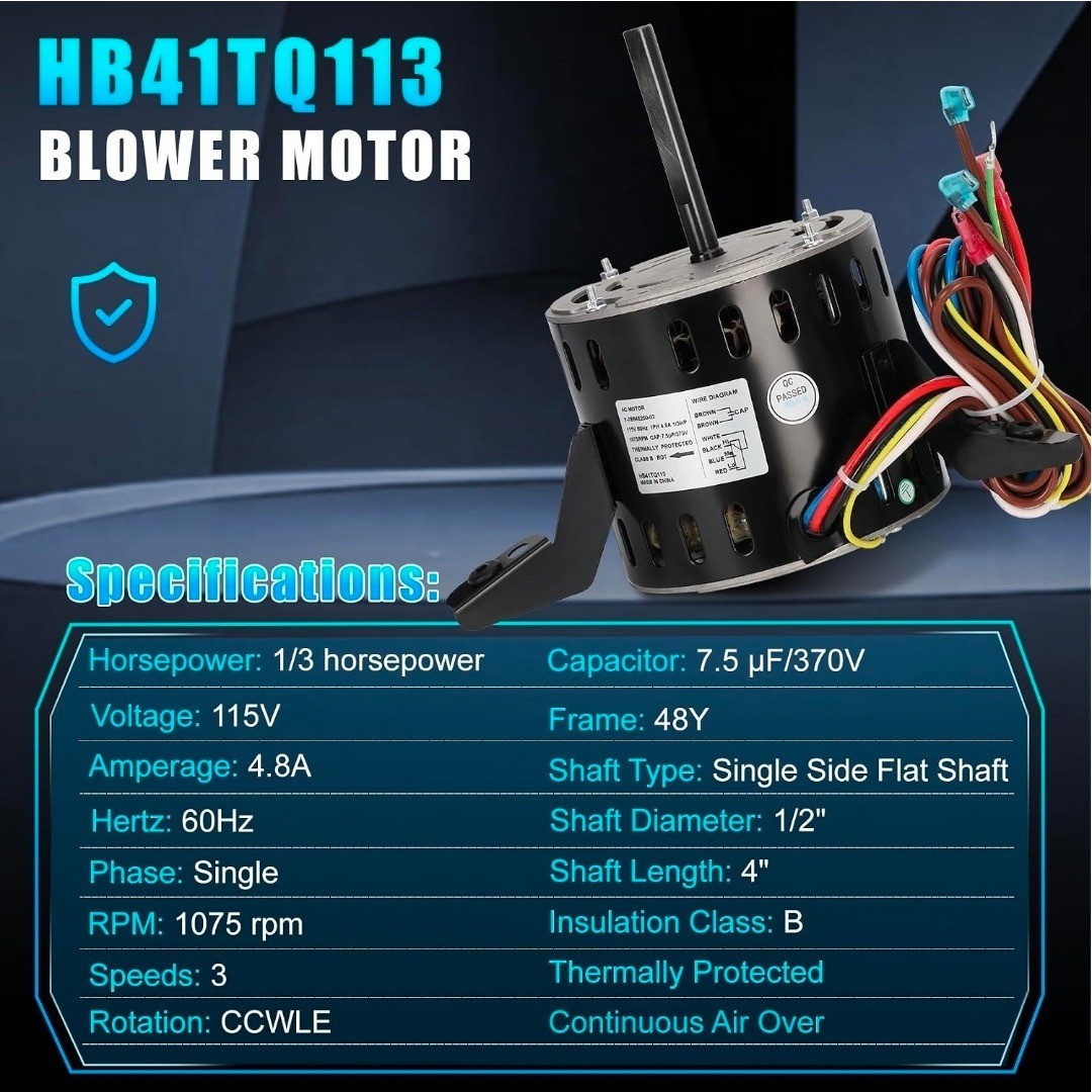 HB41TQ113 Furnace Blower Motor 1/3 HP 115V 1075RPM for Carrier Bryant HC41TE113