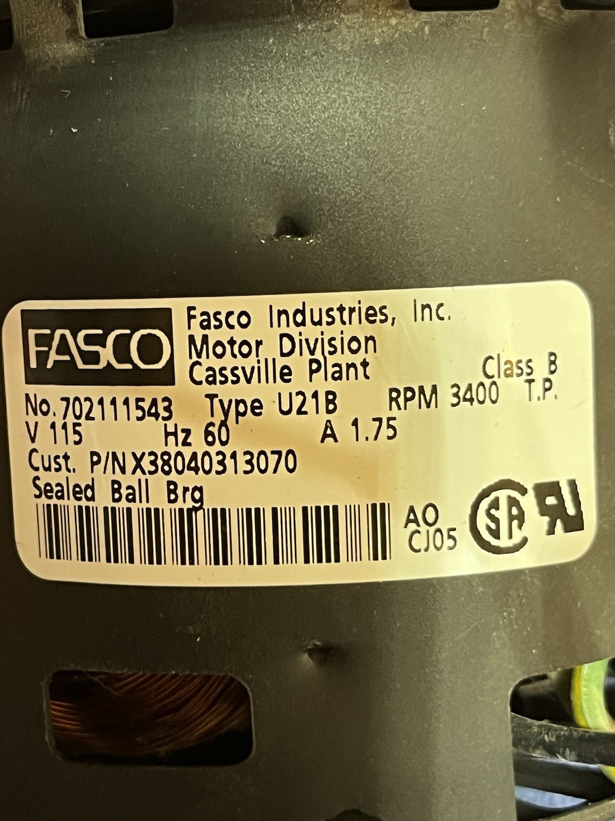 Fasco Draft Inducer Fan. P/N 702111543. Works. Free Shipping.