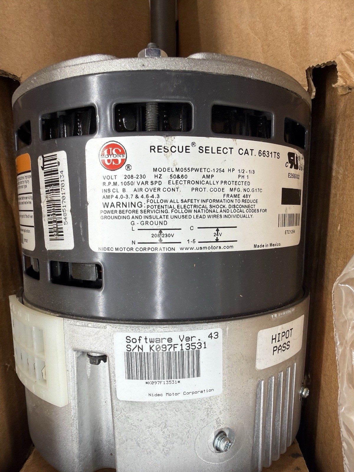 U.S. Motors 6631TS M055PWETC-1254 1/3-1/2HP 1050RPM Blower Motor #N14