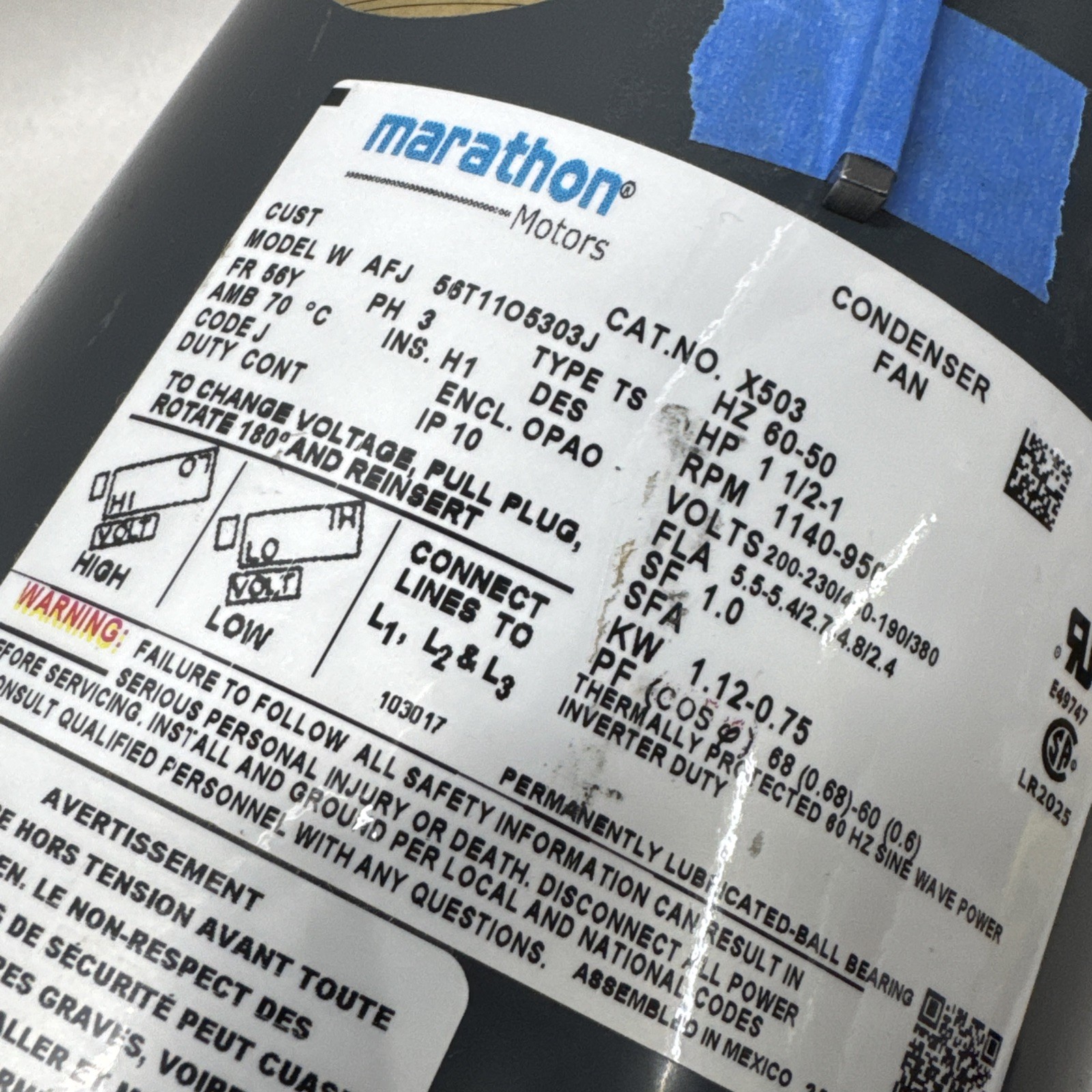 MARATHON W AFJ 56T11O5303J Motor , 3 Phase, 1.5 / 1HP, Condenser Fan Motor X503