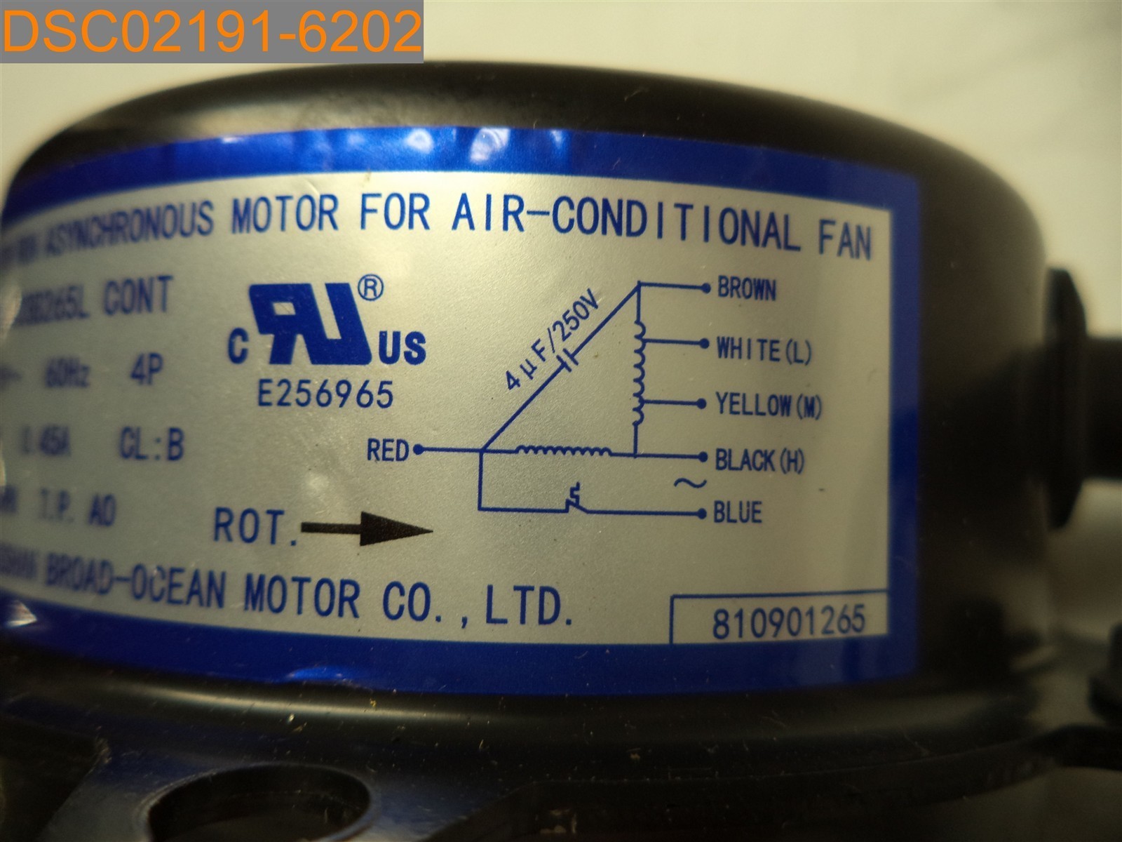 Broad Ocean A/C Fan Motor Y4L403B265L 115V 60Hz 18W .45A 1350 RPM, 810901265