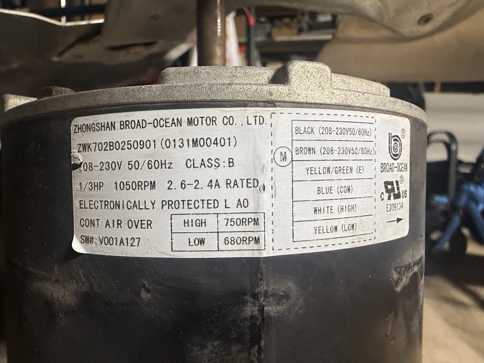 Broad-Ocean Fan Motor 208-230V 2.6-2.4A Electronically Protected ZWK702B0250901