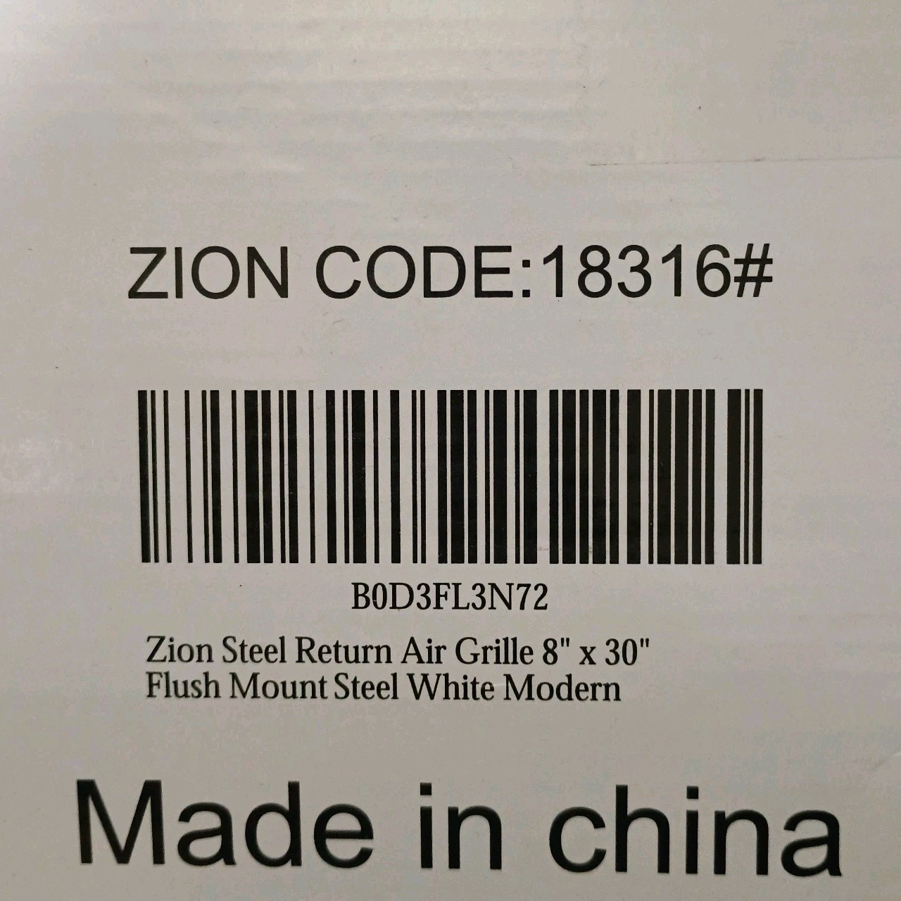 Zion Steel Return Air Grille 8″ x 30″ Flush Mount White Stainless Steel #18316