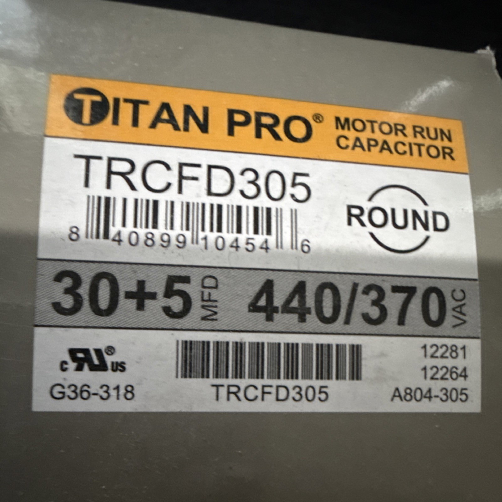 Titan Pro Motor Run Capacitor TRCFD305 30+5 MFD 440/370 VAC Round