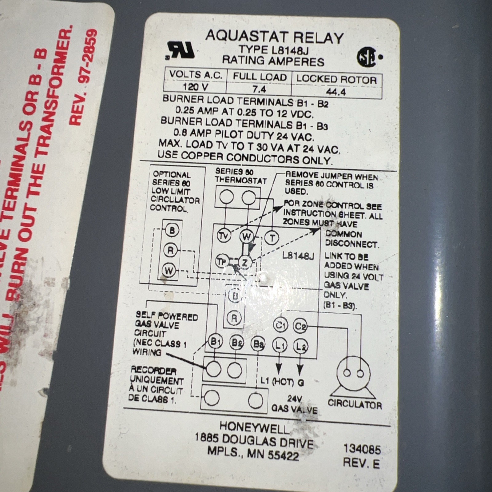 HONEYWELL AQUASTAT RELAY L8148J 1009
