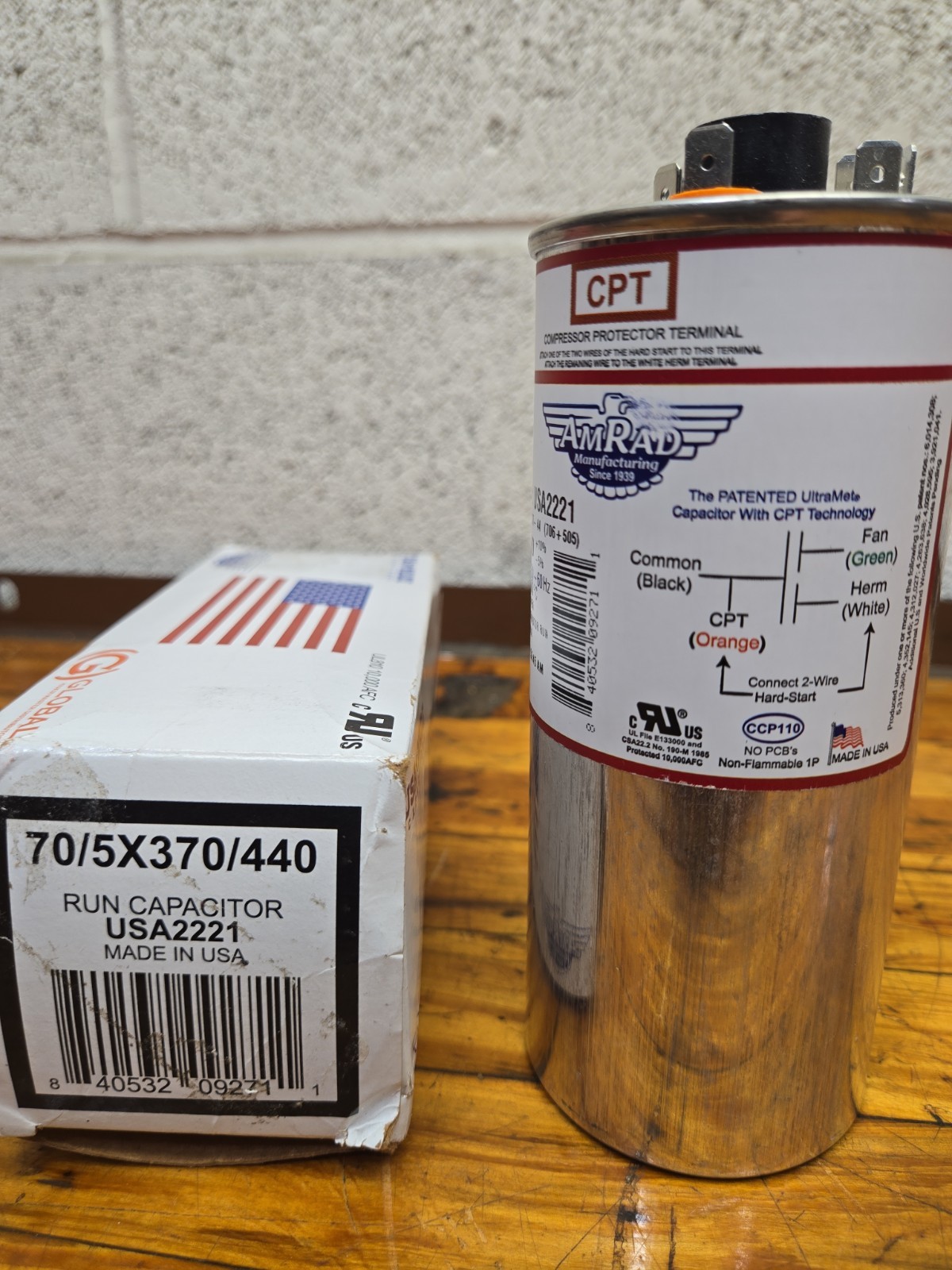 AmRad USA2221 Run Capacitor 70 + 5 uf MFD 370 / 440 Volt Made in USA